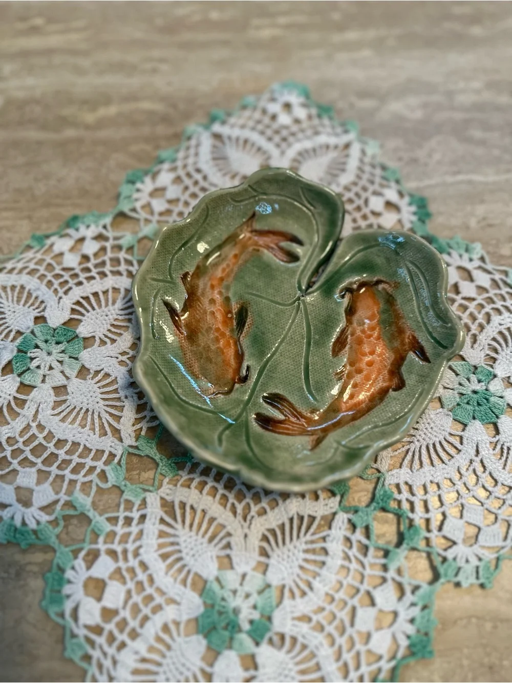 Handcrafted Green Ceramic Koi Dish Trinket with Orange Fish Design